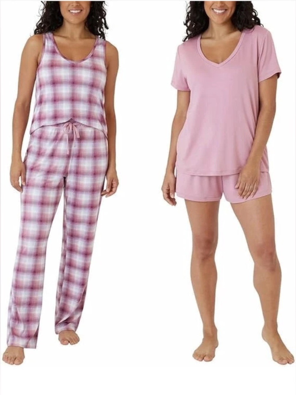 Women's Pink Plaid and Solid Two-Piece Sleep Set (Tea rose)